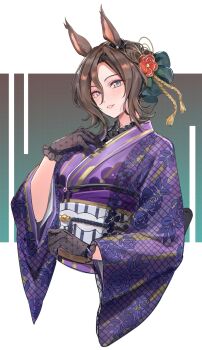 1girl absurdres air_groove_(remembering_the_flowers_of_kyoto)_(umamusume) air_groove_(umamusume) animal_ears black_gloves blue_eyes blush bow brown_hair cropped_torso floral_print flower gloves green_bow hair_between_eyes hair_ornament hakushaku_(hakus_1128) highres horse_ears horse_girl japanese_clothes kimono long_sleeves looking_at_viewer obi official_alternate_costume official_alternate_hairstyle parted_lips purple_kimono sash short_hair smile solo umamusume white_sash wide_sleeves