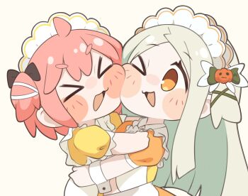 Rule 34 | > <, > o, 2girls, :3, alternate costume, apron, black bow, black ribbon, blush, bow, cheek press, chibi, chibi only, closed eyes, crepe (trickcal), dress, green hair, hair bow, highres, hug, long hair, maid apron, maid headdress, multiple girls, one eye closed, open mouth, orange dress, pink hair, ribbon, short sleeves, simple background, speaki (trickcal), trickcal, upper body, very long hair, white apron, white ribbon, wrist cuffs, yayuyoyayuyo, yellow dress