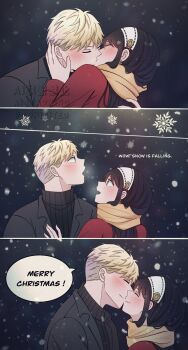 1boy 1girl black_hair black_jacket black_sweater blonde_hair blush botchinako closed_eyes coat colored_sclera commentary couple earrings english_commentary english_text gold_earrings hair_between_eyes hairband hand_on_another's_neck hetero highres jacket jewelry kiss long_hair merry_christmas red_coat short_hair sidelocks snowflakes snowing speech_bubble spy_x_family suit_jacket sweater turtleneck turtleneck_sweater twilight_(spy_x_family) updo upper_body white_hairband yellow_sclera yor_briar