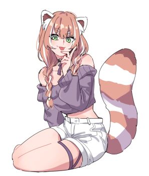 1girl :p animal_ear_fluff animal_ears bare_shoulders braid choker green_eyes hair_between_eyes highres indie_virtual_youtuber on_ground purple_shirt red_panda_ears red_panda_girl red_panda_tail ribbon_choker seiza shirt shorts sitting solo ssillykimm thigh_strap thighs tongue tongue_out twin_braids virtual_youtuber white_background white_shorts yuria_of_ailurus