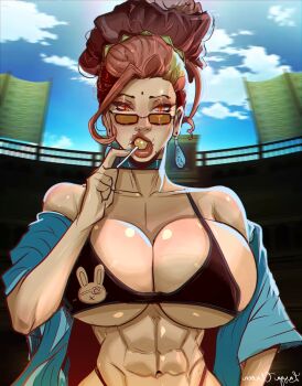 1girl abs annoyed bare_shoulders bikini breasts buddha_(shuumatsu_no_valkyrie) candy choker cleavage earrings fangs female_focus food genderswap genderswap_(mtf) glasses goddess_headdress grabbing_another's_breast groping hand_on_own_hip highres indian indian_clothes indian_style japanese_clothes jewelry kimono large_breasts lasga_claven lips lollipop long_hair looking_at_viewer multicolored_eyes multicolored_hair off_shoulder orange_eyes ornament shuumatsu_no_valkyrie sitting slit_pupils solo swimsuit yukata