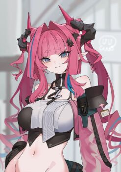 Rule 34 | 1girl, arknights, artist request, breasts, horns, large breasts, navel, pink hair, pointy ears, smile, tagme, yvonne (arknights)
