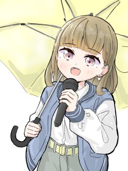 Rule 34 | 1girl, :d, bang dream!, bang dream! it's mygo!!!!!, blue jacket, brown hair, center-flap bangs, collared shirt, commentary request, cosplay, earrings, grey skirt, highres, holding, holding microphone, holding umbrella, jacket, jewelry, kachimachi kosuzu, link! like! love live!, long hair, long sleeves, love live!, microphone, open clothes, open jacket, open mouth, pink eyes, shirt, simple background, skirt, smile, solo, takamatsu tomori, takamatsu tomori (cosplay), tazaki masanobu, umbrella, umbrella over shoulder, virtual youtuber, white background, white shirt, yellow umbrella