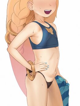1girl arms_at_sides bangle bare_shoulders bikini black_bikini blue_nails blurry bracelet cowboy_shot depth_of_field eyes_out_of_frame flat_chest from_side hand_on_own_hip head_out_of_frame henz_(ketchupp) highres jewelry league_of_legends loli long_hair navel open_mouth paid_reward_available simple_background smile solo sweat swimsuit white_background zoe_(league_of_legends)
