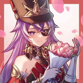 1girl absurdres black_hat border bouquet chevreuse_(genshin_impact) commentary_request earmuffs earmuffs_around_neck eyepatch flower genshin_impact gloves hat highres holding holding_bouquet long_hair multicolored_hair outside_border petals purple_eyes purple_hair red_border revision shako_cap smile solo streaked_hair upper_body white_background white_gloves white_streaks yuno_kaihara