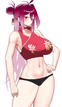 1girl absurdres antenna_hair arm_at_side armpit_crease bare_arms bare_shoulders black_choker black_panties blue_archive blush breasts choker closed_mouth collarbone commentary cowboy_shot crop_top floral_print groin hair_between_eyes hair_bun hand_on_own_hip highres large_breasts long_hair looking_ahead mole mole_on_collarbone mole_under_mouth navel no_halo no_pants panties print_shirt red_hair red_shirt reijo_(blue_archive) shirt sideboob simple_background single_side_bun sleeveless sleeveless_shirt solo standing stomach underwear very_long_hair white_background yagjaengi