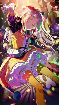 1girl absurdres bow bowtie bubble_skirt circus colored_eyelashes confetti dress flipped_hair floating_hair gakuen_idolmaster game_cg gloves green_bow green_bowtie hair_ornament highres idolmaster light_brown_hair light_rays long_hair masquerade_rhapsody_(idolmaster) official_art orange_eyes pantyhose parted_bangs parted_lips pom_pom_(clothes) puppet_strings red_bow shinosawa_hiro skirt solo string_of_light_bulbs stuffed_animal stuffed_toy teardrop_facial_mark teddy_bear third-party_source white_gloves yellow_dress yellow_pantyhose