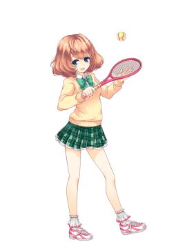 1girl ankle_socks ball blue_eyes bow bowtie brown_hair cardigan full_body girlfriend_(kari) green_bow green_bowtie holding legs looking_at_viewer miniskirt official_art ogura_megumi pink_shoes plaid_clothes plaid_skirt pleated_skirt qp:flapper racket school_uniform shoes short_hair skirt sneakers socks solo tennis_ball tennis_racket thighs transparent_background white_socks yellow_cardigan