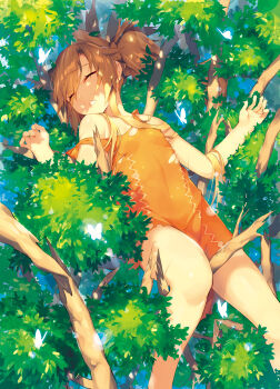 10s 1girl bare_legs barefoot breasts brown_hair bug butterfly closed_eyes diane_(nanatsu_no_taizai) dress female_focus highres insect katou_itsuwa long_hair nanatsu_no_taizai non-web_source open_mouth outdoors outstretched_hand scratches seven_deadly_sins short_dress small_breasts solo strap_slip torn_clothes torn_dress twintails
