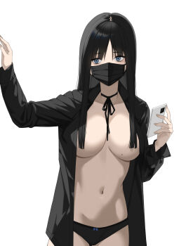 1girl absurdres arm_up black_bow black_bowtie black_choker black_hair black_jacket black_panties blue_dress blue_eyes bow bowtie breasts cellphone choker cleavage convenient_censoring cowboy_shot dress hair_censor hair_over_breasts highres holding holding_phone jacket large_breasts long_hair long_sleeves looking_to_the_side mask mole mole_on_breast mole_under_eye mouth_mask navel neck_ribbon no_bra open_clothes open_jacket original panties phone ribbon sidelocks simple_background smartphone solo underwear white_background yykuaixian