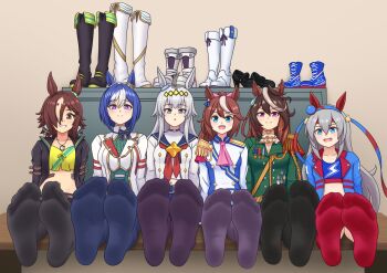6+girls blue_eyes blue_hair boots brown_eyes brown_hair cesario_(umamusume) feet flickmann_ss grey_hair grin hair_over_one_eye highres light_blush long_hair looking_at_viewer medium_hair multiple_girls oguri_cap_(umamusume) parted_lips purple_eyes shoes smile soles symboli_rudolf_(umamusume) tamamo_cross_(umamusume) toes tokai_teio_(umamusume) umamusume unworn_boots unworn_shoes vodka_(umamusume)