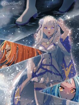 3girls absurdres angry blue_hair braid breasts cape character_request cleavage dress emilia_(re:zero) fantasy glowing hair_between_eyes hair_ornament highres ice jewelry long_hair multiple_girls multiple_views necklace orange_eyes orange_hair outdoors priscilla_barielle purple_eyes re:zero_kara_hajimeru_isekai_seikatsu red_eyes snow split_screen white_hair zerobarto