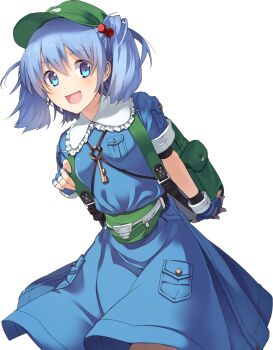 Rule 34 | 1girl, artist request, backpack, bag, blue dress, blue eyes, blue gloves, blue hair, breasts, cowboy shot, dress, fingerless gloves, frilled shirt collar, frills, game cg, gloves, green hat, hair bobbles, hair ornament, hat, jewelry, kawashiro nitori, key, key necklace, labyrinth of touhou (series), labyrinth of touhou tri, looking at viewer, medium hair, necklace, non-web source, official art, open mouth, puffy short sleeves, puffy sleeves, short sleeves, small breasts, smile, solo, touhou, transparent background, two side up