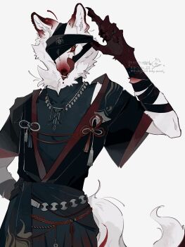 1boy animal_ears arm_behind_back arm_up bandaged_arm bandages belt black_shirt blood blood_drip bluesky_username chilfa_112 claws cowboy_shot dog_ears animal_nose dog_tail fingernails furry furry_male highres jewelry licking_lips long_fingernails looking_at_viewer markings necklace one_eye_covered original red_eyes red_fur sash scar scar_across_eye scar_on_face shirt tail tassel tongue tongue_out twitter_username waist_sash white_background white_fur