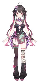 1girl absurdres ahoge antenna_hair aqua_belt arm_warmers asymmetrical_legwear bare_shoulders beads belt belt_buckle black_arm_warmers black_collar black_dress black_hair black_leg_warmers black_shoes black_socks black_thighhighs bow bow-shaped_hair bow_legwear bracelet braid breasts buckle butterfly_hair_ornament china_dress chinese_clothes chinese_commentary cleavage clothing_cutout collar colored_tips commentary_request cross-laced_clothes cross-laced_legwear crossed_bangs detached_collar dot_nose double_bun dress dress_ribbon eyelashes fingernails fishnet_socks fishnets floral_print flower-shaped_hair flower_knot frilled_dress frills full_body gold_buckle hair_beads hair_between_eyes hair_bun hair_ornament hair_ribbon hairclip halter_dress halterneck happy heart_antenna_hair highres jewelry leg_warmers light_blush long_hair looking_at_viewer mandarin_collar medium_breasts mismatched_legwear multicolored_hair multiple_belts multiple_bracelets original over-kneehighs parallel_hairclips pelvic_curtain pink_belt pink_bow pink_collar pink_hair pink_ribbon platform_shoes print_dress red_eyes ribbon sample_watermark shanwenyufan shoes side_braids simple_background single_arm_warmer single_over-kneehigh single_thighhigh socks solo spaghetti_strap spider_lily_print standing straight-on studded_belt tachi-e tareme thigh_belt thigh_strap thighhighs twin_braids twintails two-tone_collar two-tone_hair very_long_hair virtual_youtuber watermark wavy_hair white_background