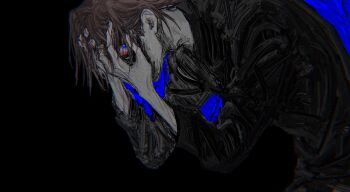 1boy bent_over black_shirt bloodshot_eyes brown_hair collared_shirt constricted_pupils hand_on_own_face highres long_sleeves male_focus original revol4357 shirt short_hair slouching solo wide-eyed