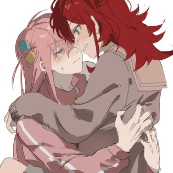 Rule 34 | 2girls, blush, bocchi the rock!, brown shirt, closed eyes, cube hair ornament, face-to-face, gotoh hitori, hair ornament, hand on another's back, highres, hug, jacket, kita ikuyo, lingyi, long hair, multiple girls, one side up, pink hair, pink track suit, red hair, school uniform, shirt, shuka high school uniform, side ahoge, side ponytail, simple background, smile, sweatdrop, teeth, track jacket, track suit, white background, yellow eyes, yuri