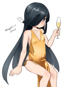 1girl absurdres aged_down alternate_breast_size_(smaller) bikini black_hair brown_eyes champagne_flute collarbone cup dated drinking_glass feet_out_of_frame gold_bikini hair_over_one_eye hayashimo_(kancolle) highres invisible_chair kantai_collection long_hair maru_(marg0613) one-hour_drawing_challenge side-tie_dress simple_background sitting solo swimsuit twitter_username white_background