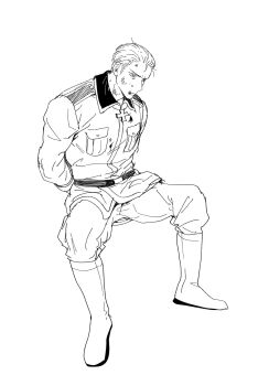 1boy arms_behind_back axis_powers_hetalia belt boots breast_pocket closed_mouth collared_jacket cross devil6_6_6 full_body germany_(hetalia) highres iron_cross jacket long_sleeves looking_to_the_side male_focus messy_hair military military_jacket military_uniform monochrome pants pocket short_hair simple_background sitting solo spread_legs v-shaped_eyebrows