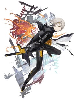 1girl absurdres black_boots black_jacket black_pants boots commentary_request explosive fire full_body girls&#039;_frontline girls&#039;_frontline_2:_exilium grenade grey_hair gun hair_ornament hairclip highres holding holding_grenade holding_gun holding_weapon hood hooded_jacket jacket knife kriss_vector pants parted_lips sheath sheathed short_hair solo submachine_gun trigger_discipline vector_(girls&#039;_frontline) vector_(girls&#039;_frontline_2) weapon white_background x_hair_ornament yao_yang yellow_eyes