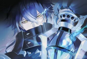 Rule 34 | 1boy, arm up, black capelet, black fire, black gloves, blue fire, capelet, commentary request, covered mouth, crossed bangs, double-parted bangs, fire, flins (genshin impact), genshin impact, gloves, hand on own chest, holding, holding lantern, lantern, long hair, looking at viewer, male focus, n gina, solo, upper body, watermark, yellow eyes