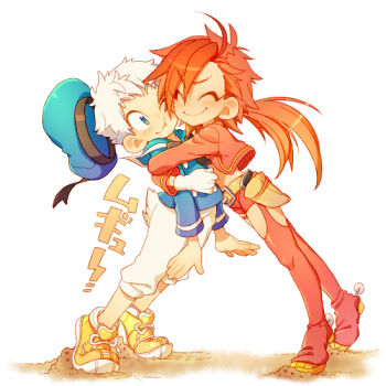 2boys black_neckerchief blue_eyes blue_hat blue_shirt blush closed_eyes closed_mouth donald_duck duck_boy duck_tail full_body hat hug humanization kiri_futoshi long_hair long_sleeves mickey_mouse_&amp;_friends multiple_boys neckerchief panchito_pistoles pants ponytail red_hair red_pants shirt shoes short_hair smile sneakers the_three_caballeros translation_request wavy_mouth white_hair yaoi yellow_shoes