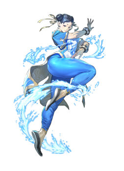 1girl absurdres ass azuma_kyoutarou_(artist) black_hair blue_dress blue_eyes blue_pants bracelet breasts capcom china_dress chinese_clothes chun-li closed_mouth commentary double_bun dress earrings english_commentary eyeliner eyeshadow fatal_fury fighting_stance flats full_body garou:_mark_of_the_wolves gold_trim hair_bun hair_ribbon highres jewelry leg_up leggings lips looking_at_viewer makeup medium_breasts muscular muscular_female pants pearl_earrings pelvic_curtain ribbon shiny_clothes shoes short_hair short_sleeves smile solo street_fighter street_fighter_6 thick_thighs thighs tight_clothes tight_pants transparent_background water yellow_ribbon