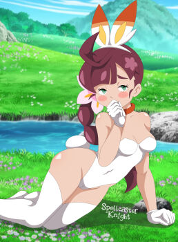 1girl absurdres braid chinese_zodiac chloe_(pokemon) cosplay covering_own_mouth female_focus gen_8_pokemon gloves green_eyes highres long_hair looking_at_viewer nintendo outdoors playboy_bunny pokemon pokemon_(anime) pokemon_journeys rabbit_ears rabbit_girl rabbit_tail red_hair scorbunny scorbunny_(cosplay) solo spellcaster_knight thighhighs year_of_the_rabbit