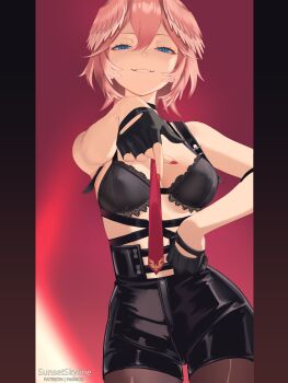 1girl black_bra black_gloves blue_eyes bra breasts commentary english_commentary fingerless_gloves gloves hair_between_eyes head_wings high-waist_shorts highres hololive large_breasts leather_shorts long_sleeves looking_at_viewer necktie no_shirt pantyhose pantyhose_under_shorts pink_hair pink_wings pointing pointing_at_viewer short_hair shorts smile solo sunsetskyline takane_lui takane_lui_(1st_costume) underwear virtual_youtuber wings