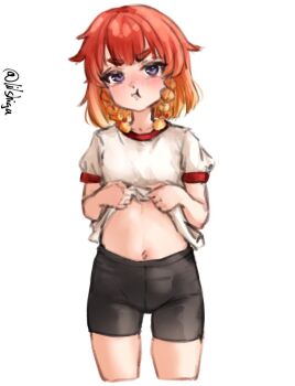 1girl bike_shorts black_shorts blush braid clothes_lift commentary_request cowboy_shot cropped_legs etorofu_(kancolle) gradient_hair gym_uniform highres kantai_collection lifting_own_clothes lilshigu multicolored_hair navel nose_blush one-hour_drawing_challenge ponytail pout shirt_lift short_ponytail shorts side_braids simple_background solo twin_braids twitter_username white_background