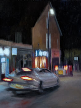 absurdres blurry car grey_car highres kznsq lamppost motor_vehicle night no_humans original scenery town