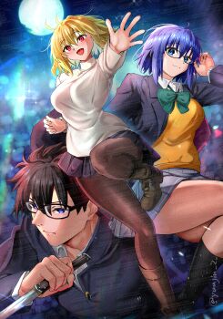 1boy 2girls :d absurdres ahoge arcueid_brunestud black_hair black_socks blonde_hair blue_eyes blue_hair blue_jacket blue_moon blue_skirt blush boots bow breasts brown_boots brown_pantyhose ciel_(tsukihime) commentary_request fighting_stance floating floating_hair full_moon glasses green_bow hair_between_eyes hair_intakes highres jacket miniskirt moon multiple_girls mystic_eyes_of_death_perception nanatsu-yoru open_mouth pantyhose reaching reaching_towards_viewer red_eyes reverse_grip school_uniform shirt skirt smile socks souya_high_school_uniform sweater thighs tohno_shiki tsukihime tsukihime_(remake) turtleneck turtleneck_sweater vest watermark white_shirt white_sweater yellow_vest yujin_(kanouyuuto-0423)