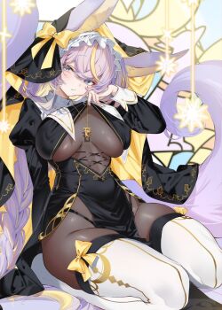 1girl animal_ear_fluff animal_ears artist_request black_dress blonde_hair bodystocking bow breasts commentary_request dress highres indie_virtual_youtuber jewelry kneeling large_breasts long_braid multicolored_hair nagoya_namo necklace nun purple_hair solo streaked_hair tail thighhighs virtual_youtuber white_thighhighs yellow_bow