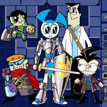 axe black_hair blue_shirt buttercup_(ppg) coat crossover dark_hunter_(sekaiju) dexter&#039;s_laboratory dexter_(dexter&#039;s_laboratory) dib_(invader_zim) etrian_odyssey green_eyes holding holding_axe holding_shield holding_sword holding_weapon holding_whip invader_zim jenny_wakeman leex lowres map medic_(sekaiju) my_life_as_a_teenage_robot orange_hair paladin_(sekaiju) powerpuff_girls professor_utonium red_scarf scarf shield shirt sword swordsman_(sekaiju) toon_(style) weapon whip white_coat