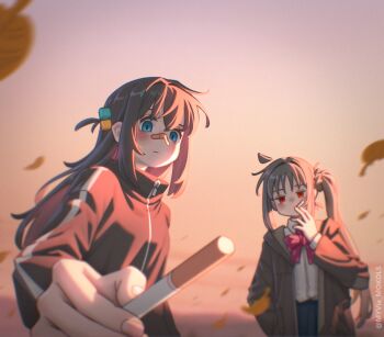 2girls ahoge artist_name autumn autumn_leaves bandaid bandaid_on_face bandaid_on_nose between_fingers blonde_hair blue_eyes blush bocchi_the_rock! bow bowtie braid breasts brown_jacket cigarette closed_mouth commentary cube_hair_ornament detached_ahoge english_commentary evening expressionless falling_leaves fingernails giving gotoh_hitori gradient_sky hair_between_eyes hair_ornament hand_up holding holding_cigarette ijichi_nijika jacket leaf long_hair long_sleeves looking_at_viewer motion_blur mouth_hold multiple_girls myvia_mokols one_side_up orange_sky outdoors pink_hair pink_jacket pink_track_suit polka_dot polka_dot_bow polka_dot_bowtie pov red_bow red_eyes school_uniform shimokitazawa_high_school_uniform shirt side_ahoge side_ponytail side_ponytail_with_braided_base skirt sky smoking track_jacket track_suit white_shirt