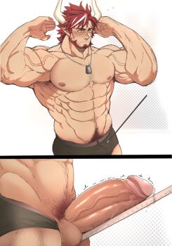 1boy abs animal_ears arknights armpit_hair armpit_peek bara beard between_testicles biceps black_male_underwear blush boxer_briefs bulge character_request chest_hair close-up clothing_aside cow_boy cow_ears cow_horns crotch dog_tags embarrassed erection facial_hair girthy_penis hairy hands_up highres horns humus_(arknights) huwenlang large_pectorals leg_hair male_focus male_pubic_hair male_underwear male_underwear_aside mature_male measuring multicolored_hair muscular muscular_male navel navel_hair obliques old old_man outstretched_arms pectorals penis penis_measuring precum pubic_hair red_hair scar scar_on_face scar_on_forehead sequential short_hair streaked_hair tape_measure thick_eyebrows twitching_penis uncensored underwear veins veiny_arms veiny_penis