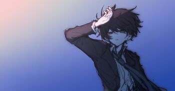 1boy akinashi_haru arm_at_side black_hair black_jacket blue_eyes blue_necktie collared_shirt commentary_request dress_shirt gradient_background guzi15613491 hand_on_own_forehead highres jacket male_focus necktie saihate_eki shirt sketch smile solo suit_jacket upper_body white_shirt