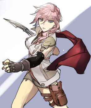 1girl absurdres aqua_eyes armor armored_gloves black_gloves breasts cape cowboy_shot elbow_gloves fighting_stance final_fantasy final_fantasy_xiii fingerless_gloves gloves gunblade hair_between_eyes hamagurihime highres holding holding_weapon lightning_farron looking_at_viewer medium_breasts medium_hair parted_lips pink_hair pouch red_cape shoulder_armor sketch solo thigh_pouch vest wavy_hair weapon white_vest
