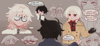 ... 2boys akinashi_haru black_gloves black_hair black_jacket black_necktie blonde_hair blue_necktie bright_pupils brown_background closed_eyes coat collared_shirt commentary english_commentary english_text glasses gloves highres jacket long_sleeves looking_at_another medium_hair messy_hair mitsunba multiple_boys multiple_views necktie opaque_glasses open_mouth plaid_clothes plaid_scarf red_eyes red_scarf saihate_eki scarf shirt short_hair short_sleeves sidelocks signature simple_background speech_bubble spoken_ellipsis striped_clothes striped_necktie tatsunami_shion unmoving_pattern white_pupils white_shirt yellow_coat