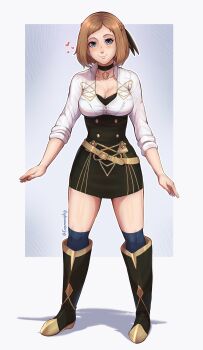1girl 2024 absurdres alternate_costume arms_at_sides artist_name belt black_boots black_choker black_dress blue_eyes blue_thighhighs blush boots border braid breasts brown_hair choker cleavage commentary crown_braid dress emblem english_commentary evomanaphy female_focus female_kiran_(fire_emblem) fire_emblem fire_emblem:_three_houses fire_emblem_heroes freckles full_body garreg_mach_monastery_uniform gold_trim hair_ornament heart highres intelligent_systems kiran_(fire_emblem) large_breasts lips long_sleeves looking_at_viewer nintendo outline outside_border popped_collar shadow shirt short_hair simple_background sleeves_rolled_up smile solo standing thighhighs thighs white_outline white_shirt
