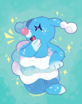 Rule 34 | aqua background, artist name, brionne, closed eyes, commentary, english commentary, eyelashes, fang, full body, gen 7 pokemon, joypandaah, nintendo, no humans, open mouth, pokemon, pokemon (creature), pokemon focus, smile, solo, sparkle