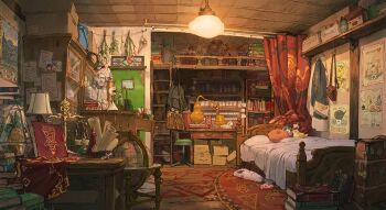 absurdly_detailed_composition ange_katrina balance_scale banken_(inui_toko) bed book book_stack bottle box bust_(sculpture) cardboard_box character_doll coat commentary_request cupboard curtains desk desk_lamp display_case doll globe hanging_herbs hanging_light indoors inui_toko ladder lamp magic_circle mandragora mandragora_(ange_katrina) messy_room nijisanji no_humans official_art pacifier pillow poster_(object) rias-coast rug sanbaka_(nijisanji) scenery scroll sebastian_piyodore second-party_source shelf stool stuffed_animal stuffed_toy suitcase table unworn_coat virtual_youtuber weighing_scale wooden_floor wooden_table