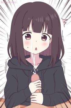 Rule 34 | 1boy, 1girl, aged down, blush, brown hair, censored, cherrinako, cum, ejaculation, erection, hetero, looking at penis, masturbation, motion lines, nanase kurumi (menhera-chan), nose, open mouth, shadow, speed lines, spread legs, wet, white background