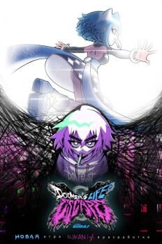 Rule 34 | 2girls, artist name, blue hair, boots, copyright name, cyrillic, cyrillic commentary, dual persona, highres, hood, hoodie, looking at viewer, medium hair, multiple girls, original, rikani, skirt, thick eyebrows, upper body