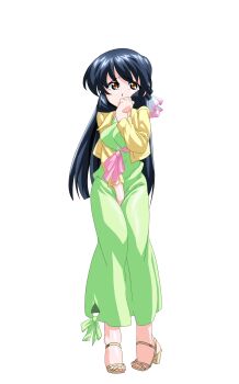 1girl anime_coloring between_legs black_hair breasts clenched_hand covering_own_mouth cropped_jacket dress full_body game_asset green_dress hair_ribbon half_updo hand_between_own_legs hand_up highres hiiragi_mako jacket large_variant_set layered_clothes long_dress long_hair long_sleeves looking_at_viewer mahotama maki_daikichi medium_breasts official_art orange_eyes pink_sash raised_inner_eyebrows ribbon sandals sash simple_background solo standing tachi-e tareme tearing_up third-party_source transparent_background variant_set visual_novel_cg yellow_jacket