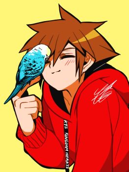 1boy bird bird_on_hand blush brown_hair closed_eyes commentary_request copyright_name forehead-to-forehead hair_between_eyes heads_together highres hood hood_down hoodie inaho_(sesyrne) kingdom_hearts male_focus parrot red_hoodie short_hair signature smile sora_(kingdom_hearts) spiked_hair yellow_background