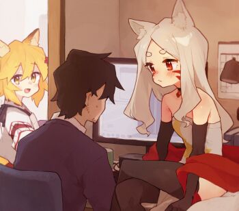 1boy 2girls animal_ear_fluff animal_ears black_legwear black_sleeves blonde_hair book brown_hair calendar_(object) chair collar computer desk detached_sleeves dress facial_mark flower formal_clothes fox_ears hair_between_eyes hair_flower hair_ornament japanese_clothes kimono lamp long_hair looking_at_viewer multiple_girls nakano_(sewayaki_kitsune_no_senko-san) office_chair on_desk red_eyes rimukoro senko_(sewayaki_kitsune_no_senko-san) sewayaki_kitsune_no_senko-san shiro_(sewayaki_kitsune_no_senko-san) short_hair silver_hair sitting on_desk strapless strapless_dress suit swivel_chair thick_eyebrows thighhighs whisker_markings white_dress white_kimono yellow_eyes