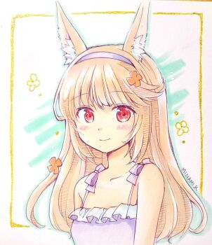 1girl animal_ear_fluff animal_ears artist_name blonde_hair blush border camisole closed_mouth commentary_request grey_hairband hairband long_hair looking_at_viewer marker_(medium) minami_kawa original outside_border rabbit_ears red_eyes smile solo spaghetti_strap traditional_media upper_body white_background white_camisole wispy_bangs yellow_border