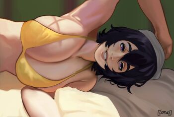 1girl absurdres armpits beanie bikini black_hair breasts cleavage commentary dappled_sunlight english_commentary grey_hat hair_between_eyes hat highres huge_breasts lips looking_at_viewer may_(midnight_corvo) midnight_corvo morning_after on_bed original pov purple_eyes revision short_hair skindentation solo sunlight swimsuit thick_eyebrows upper_body yellow_bikini