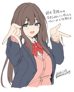 1girl absurdres blue_eyes blue_jacket bow breasts brown_hair cardigan collared_shirt cropped_torso double_w highres jacket long_hair long_sleeves looking_at_viewer open_clothes open_jacket open_mouth original pink_cardigan red_bow school_uniform shirt simple_background smile solo teeth unasaka_ryou upper_teeth_only w white_background white_shirt